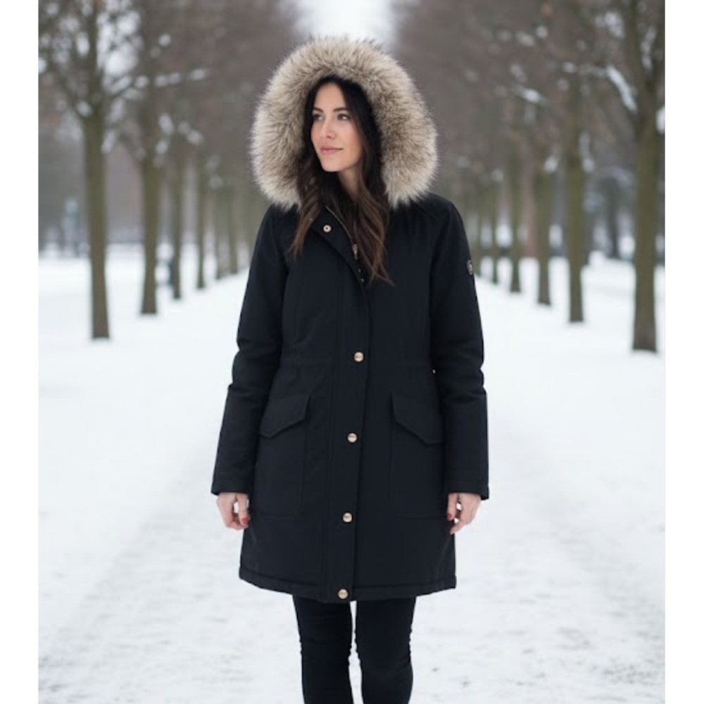 Michael Kors Women's Black Parka Coat with Faux Fur Hood